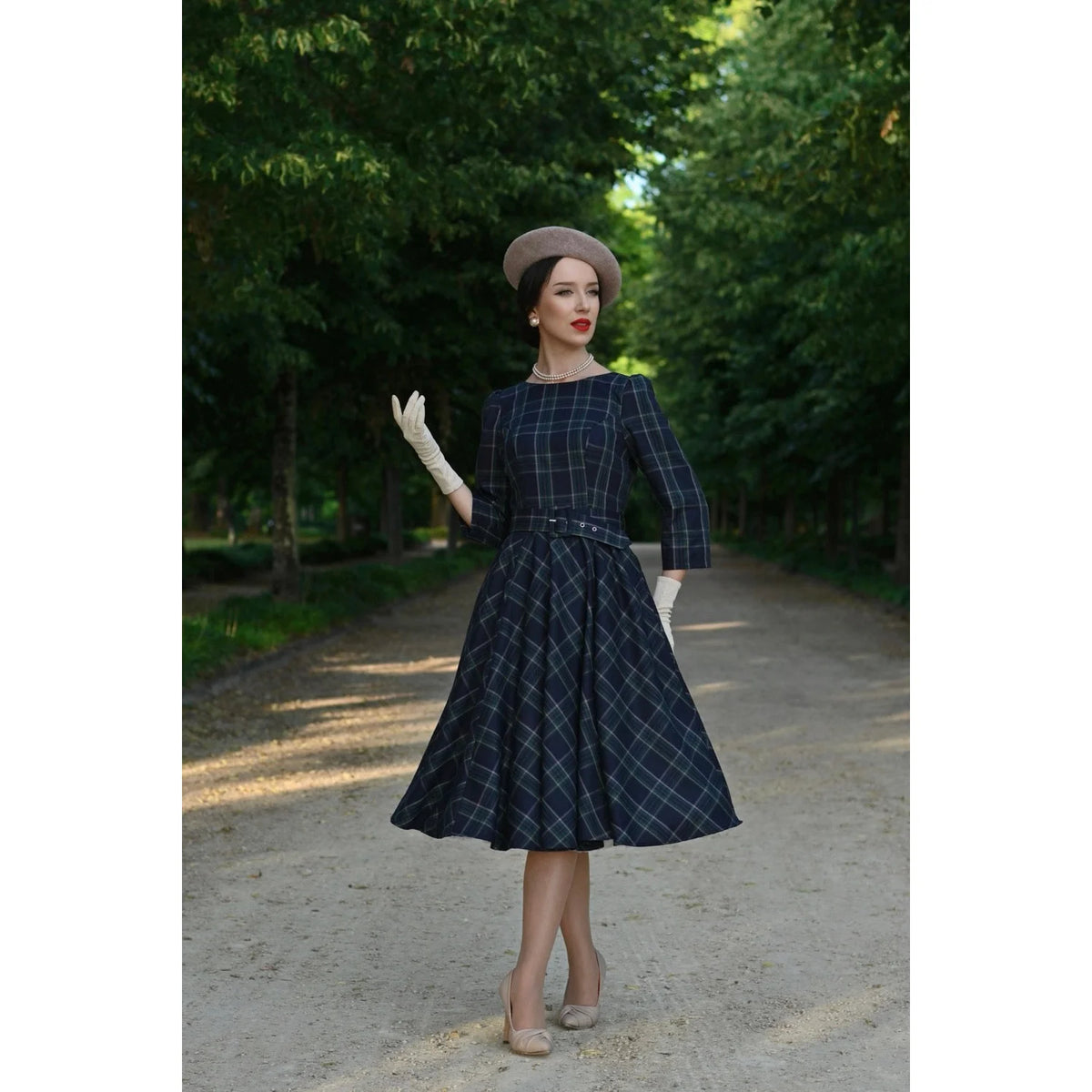 1950s Navy Green Tartan Burns Swing Dress Fit and Flare 3/4 Sleeve Dress with Pockets (Copy)
