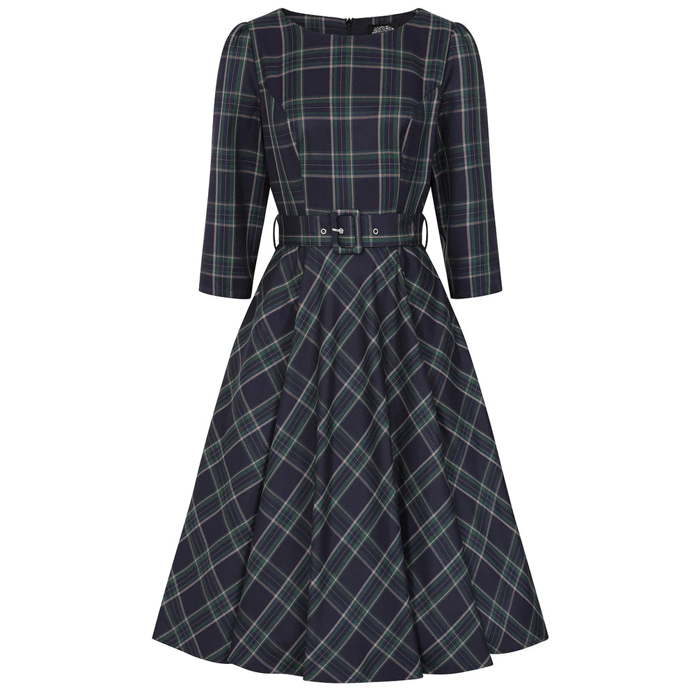 1950s Navy Green Tartan Burns Fit and Flare 3/4 Sleeve Dress with Pockets