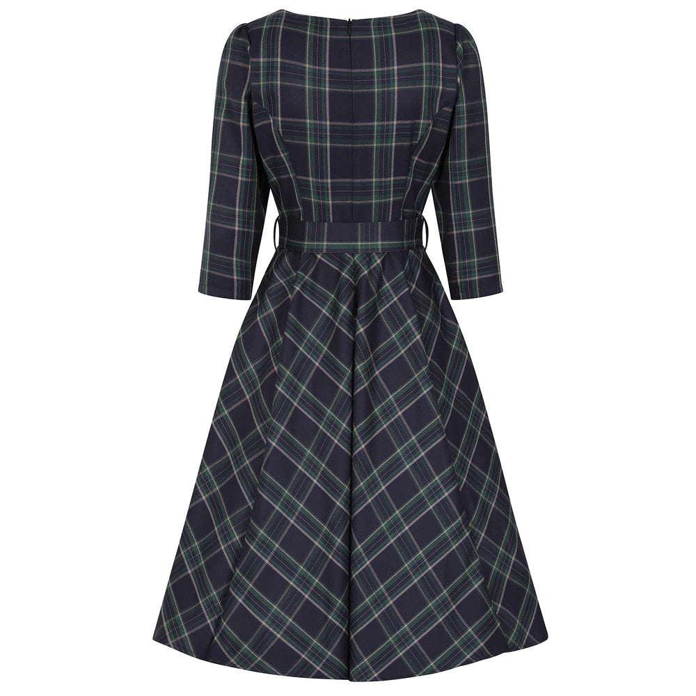 1950s Navy Green Tartan Burns Fit and Flare 3/4 Sleeve Dress with Pockets