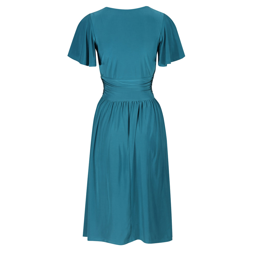 Teal Wrap Top & Pleated Skirt Swing Dress With Butterfly Sleeves