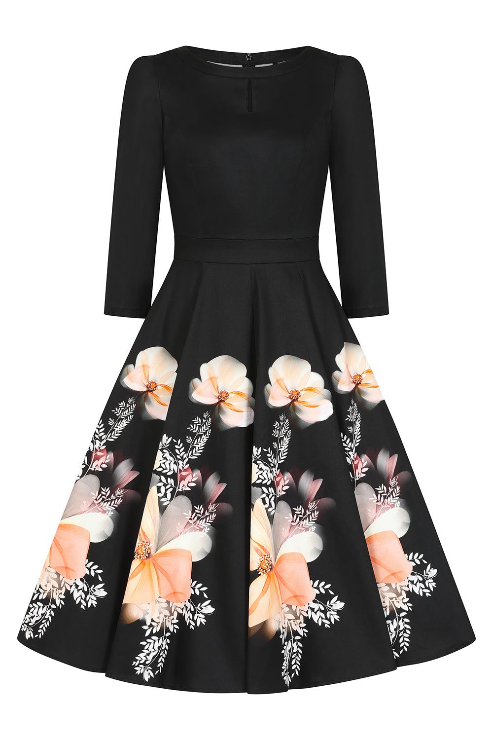 1950s Style Black Floral Border Print Swing Dress with 3/4 Sleeves And Pockets