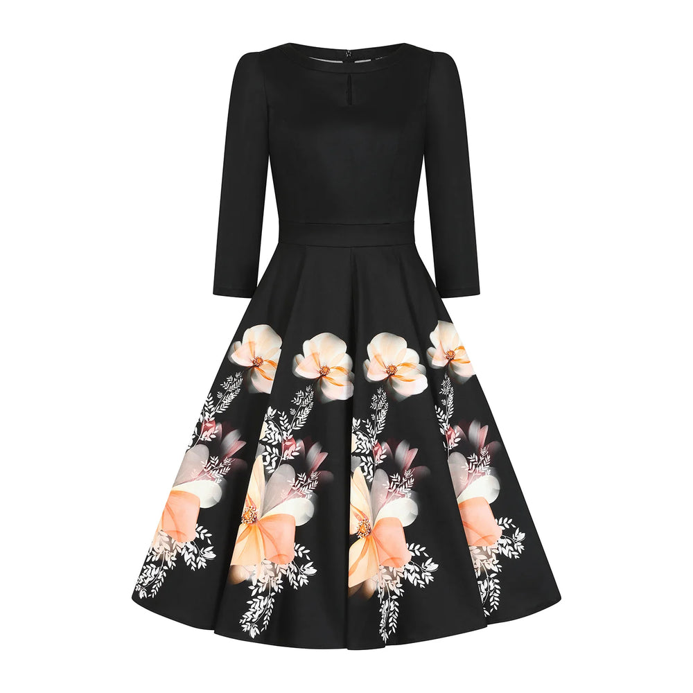 1950s Style Black Floral Border Print Swing Dress with 3/4 Sleeves And Pockets