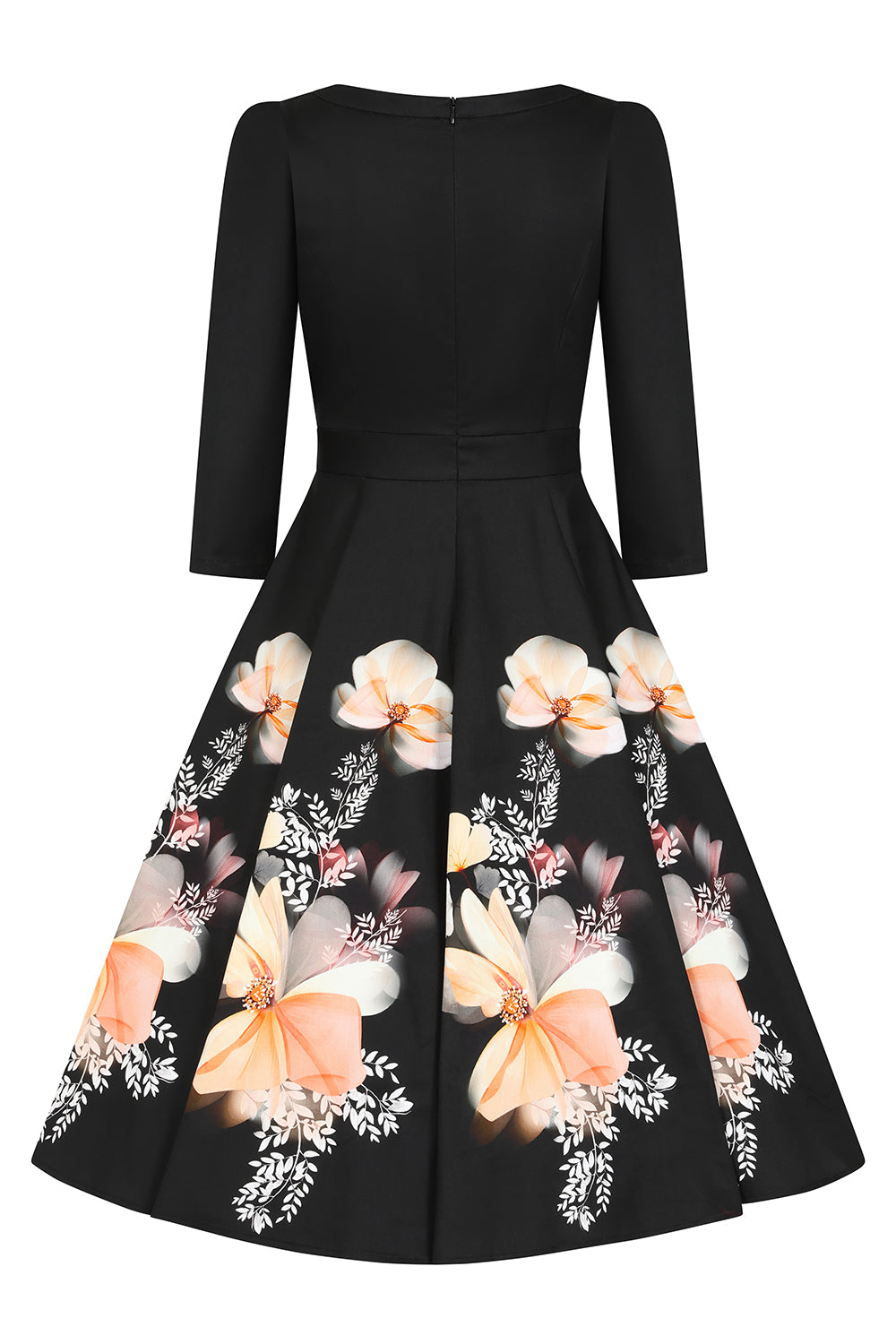 1950s Style Black Floral Border Print Swing Dress with 3/4 Sleeves And Pockets