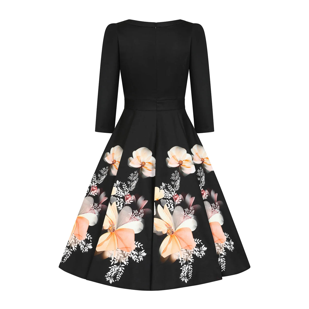 1950s Style Black Floral Border Print Swing Dress with 3/4 Sleeves And Pockets