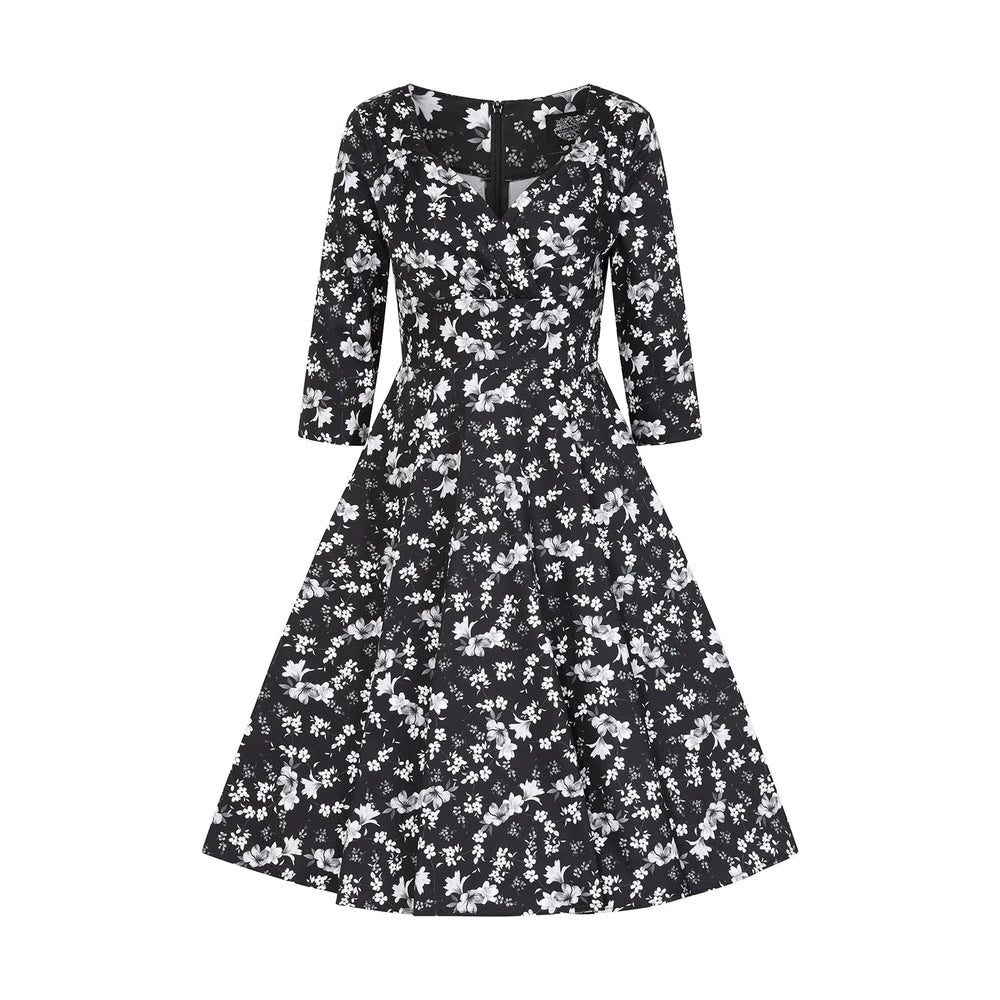 1950s Monochrome Floral Swing Dress with Sweetheart Neck