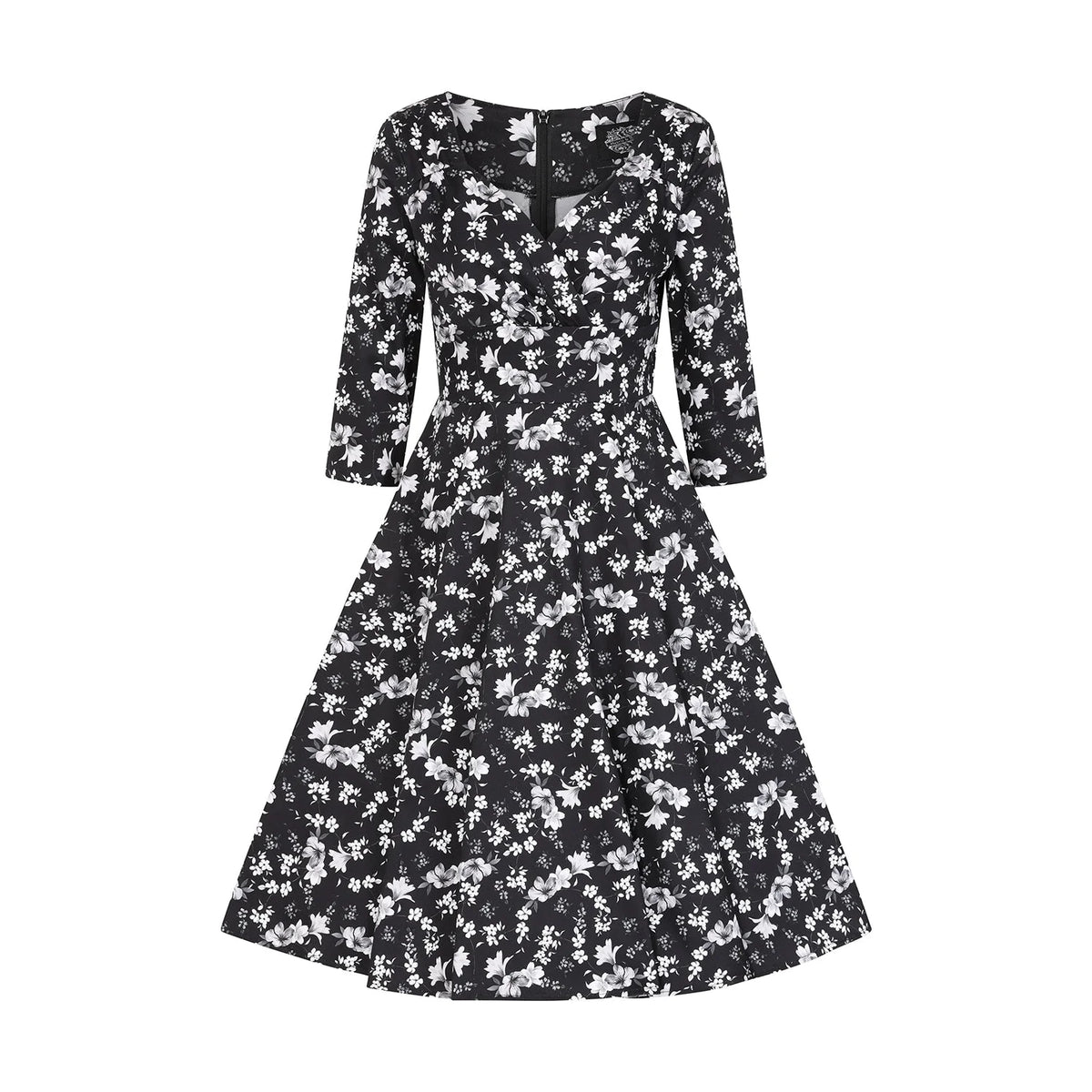 1950s Monochrome Floral Swing Dress with Sweetheart Neck