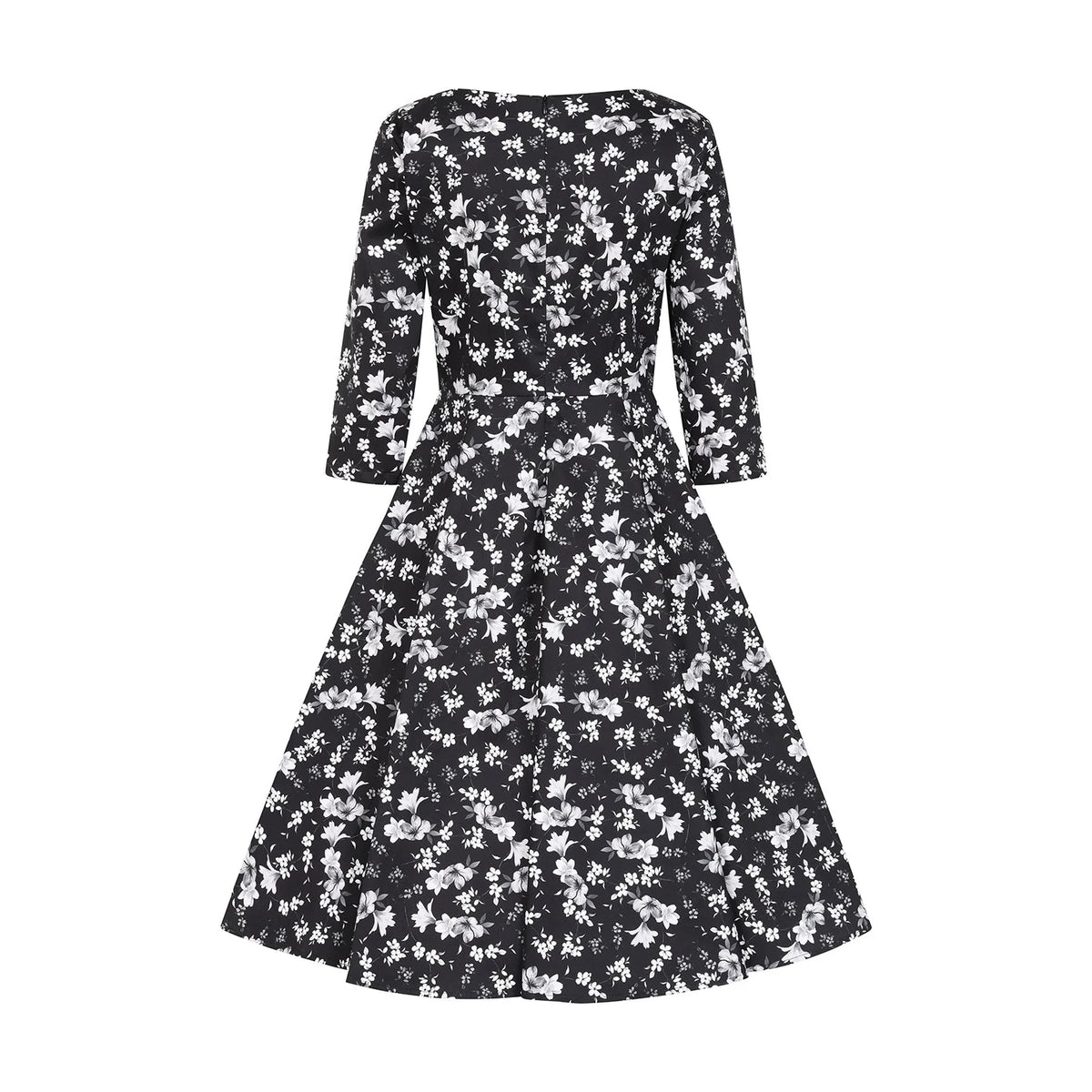 1950s Monochrome Floral Swing Dress with Sweetheart Neck
