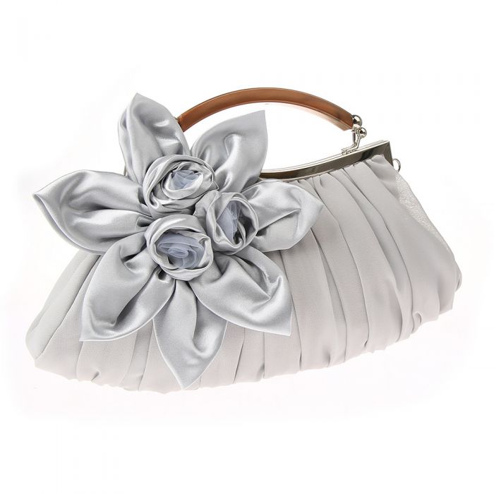 Silver Rose Satin Clutch Handbag