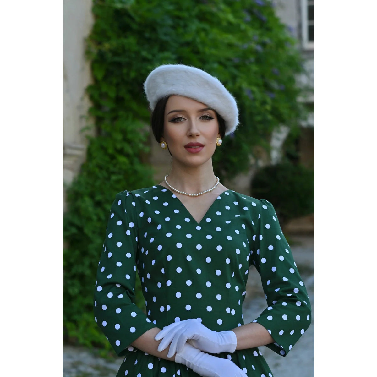 1950s Style Green Polka Dot Cotton Swing Dress with 3/4 Sleeves & Pockets