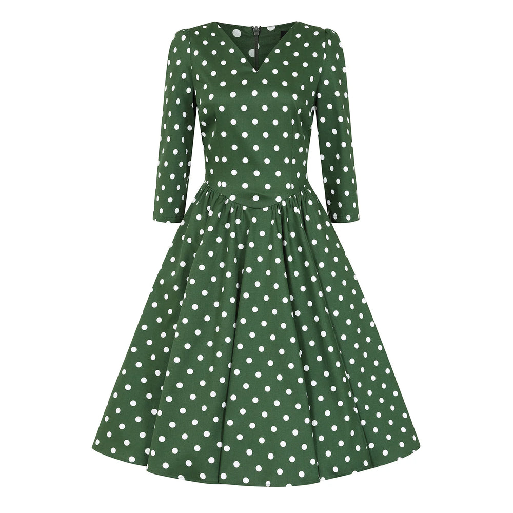 1950s Style Green Polka Dot Cotton Swing Dress with 3/4 Sleeves & Pockets