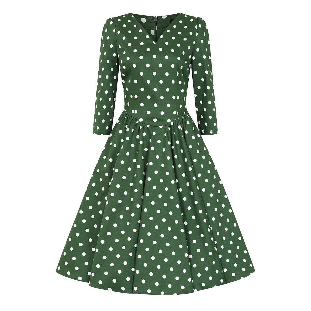 1950s Style Green Polka Dot Cotton Swing Dress with 3/4 Sleeves & Pockets
