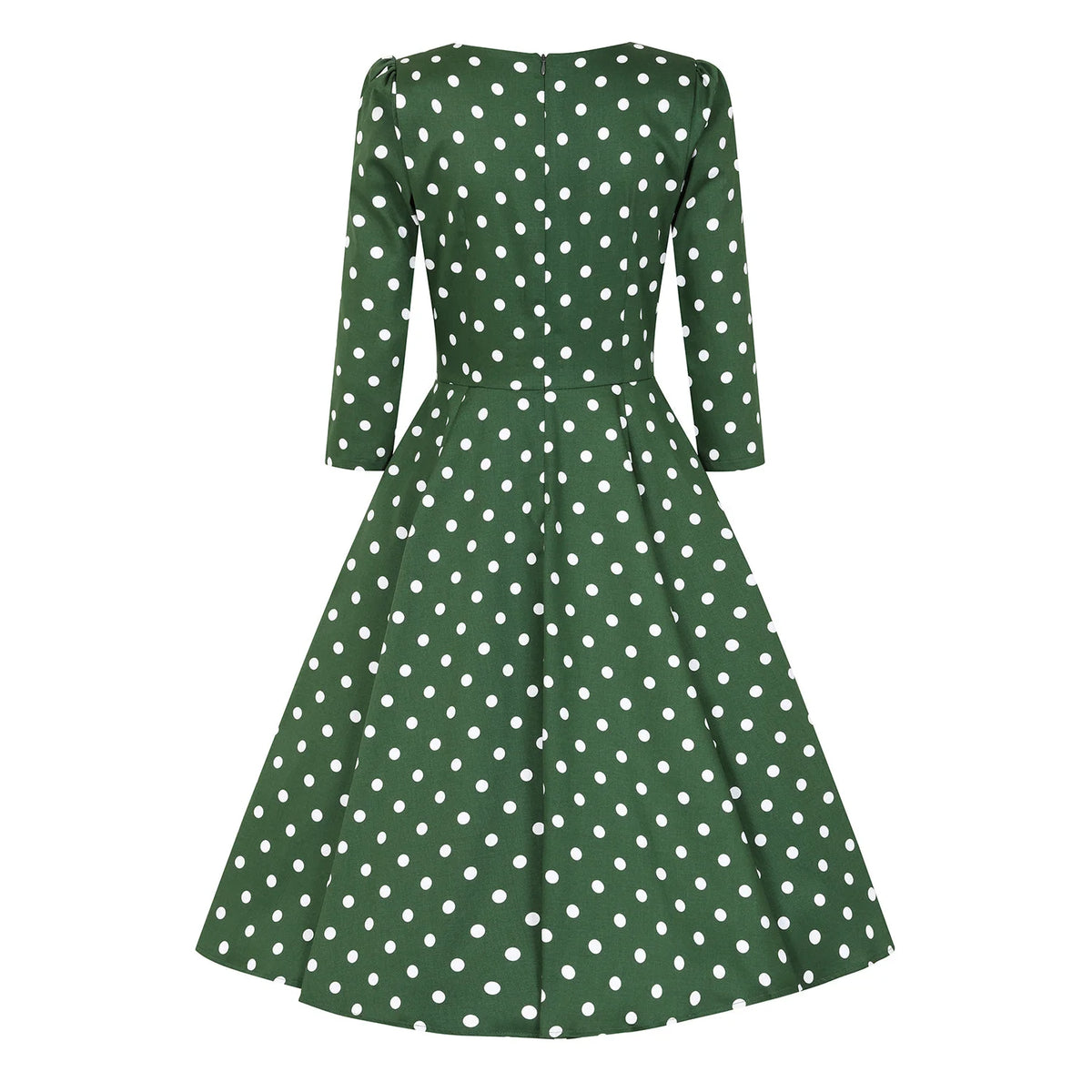 1950s Style Green Polka Dot Cotton Swing Dress with 3/4 Sleeves & Pockets