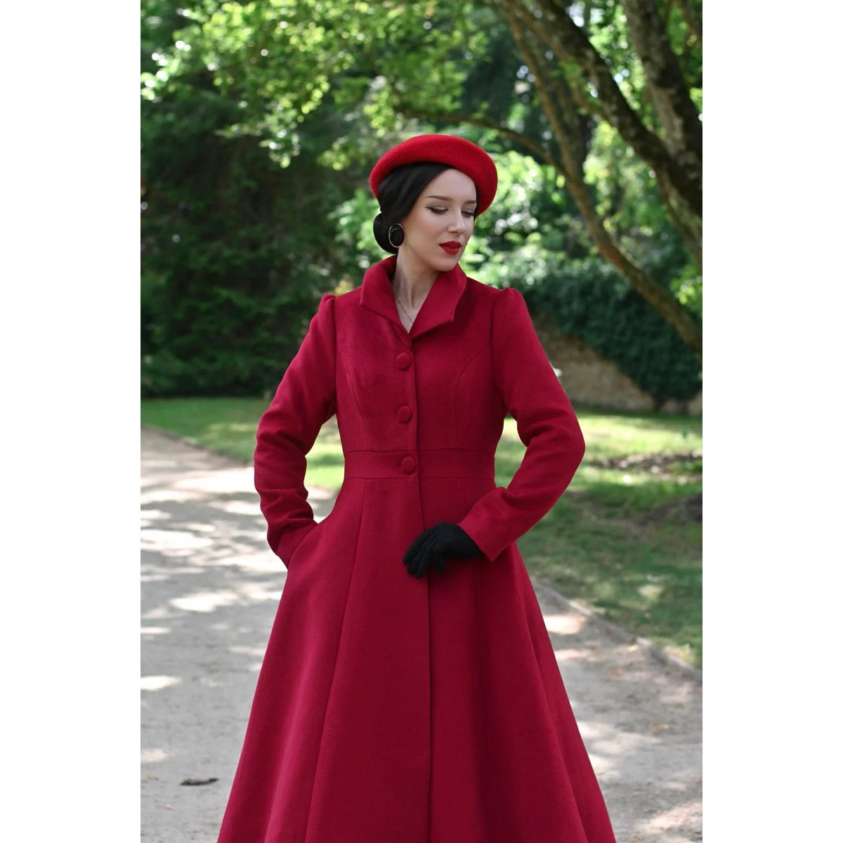 1940s Vintage Style Red Swing Coat with Pointed Collar