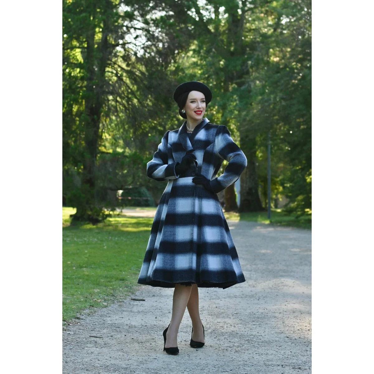 1950s Vintage Style Grey Check Wool Blend Swing Coat