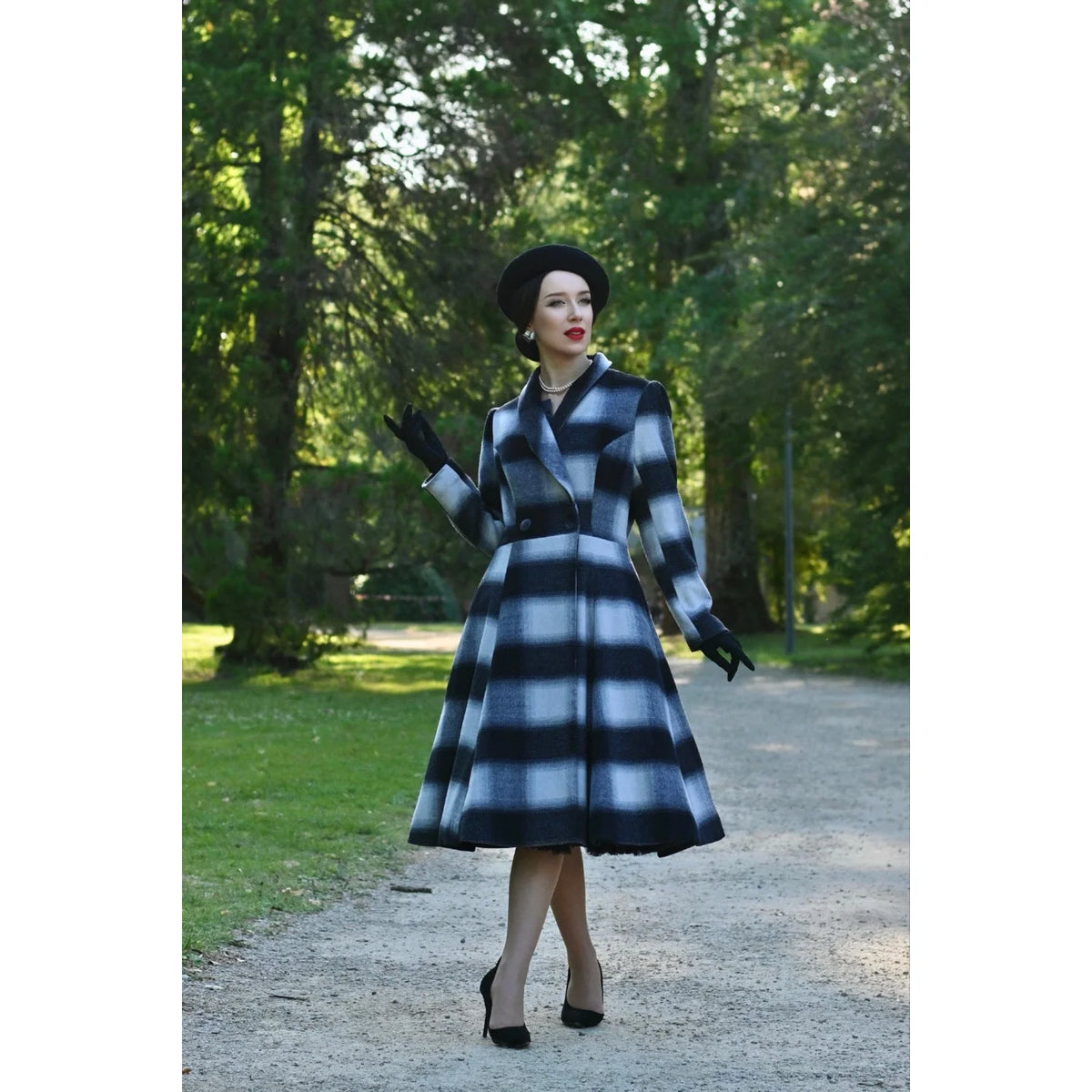1950s Vintage Style Grey Check Wool Blend Swing Coat