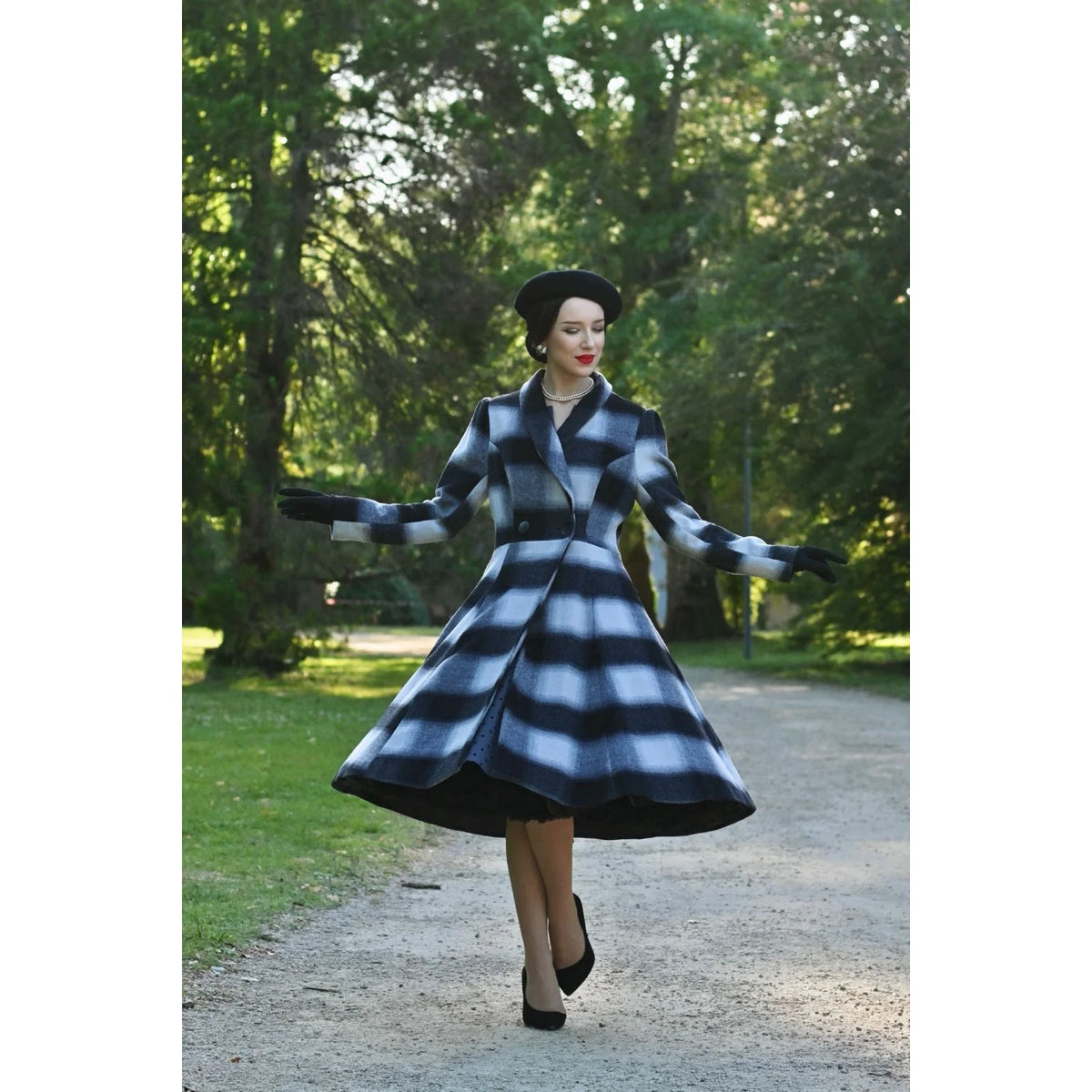 1950s Vintage Style Grey Check Wool Blend Swing Coat