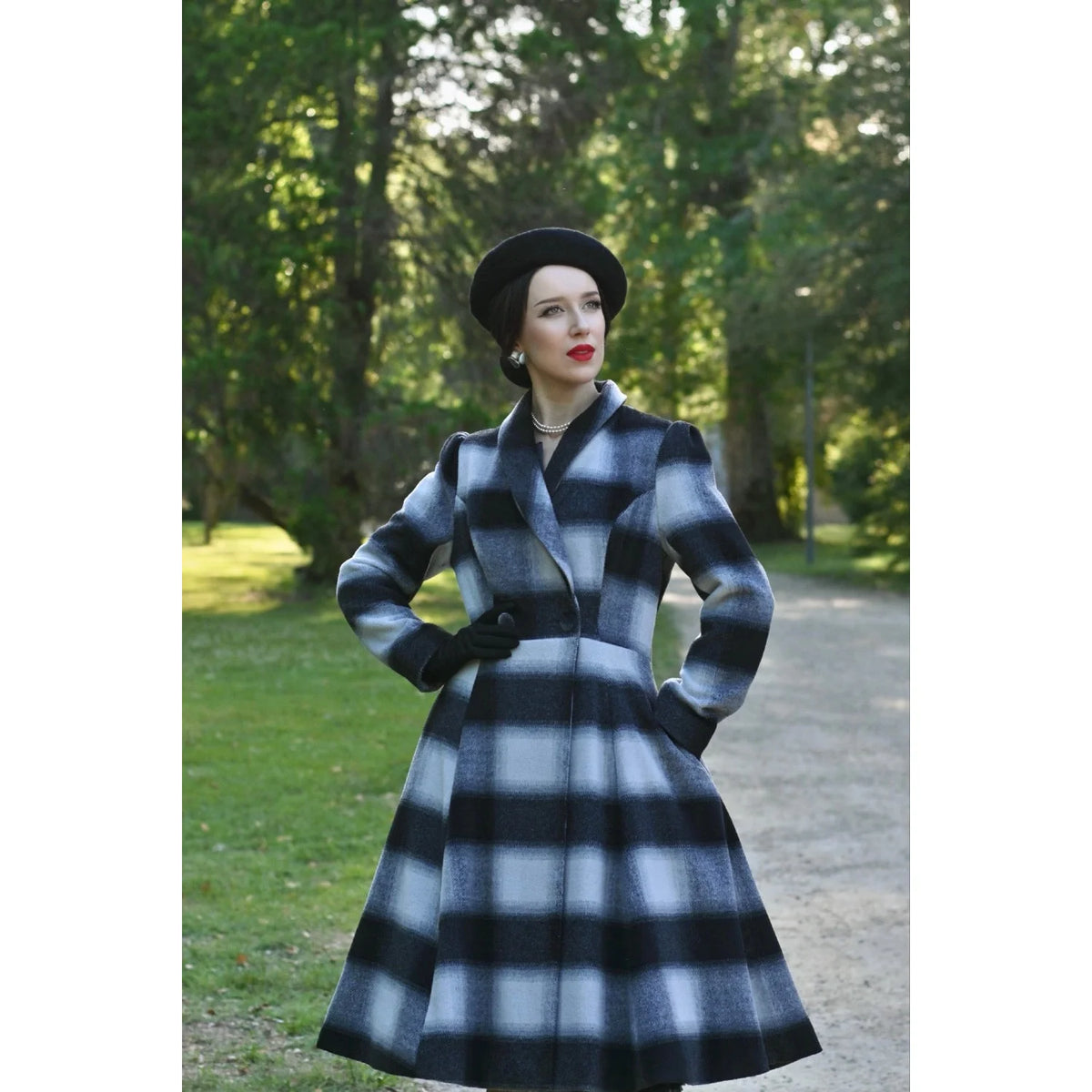 1950s Vintage Style Grey Check Wool Blend Swing Coat