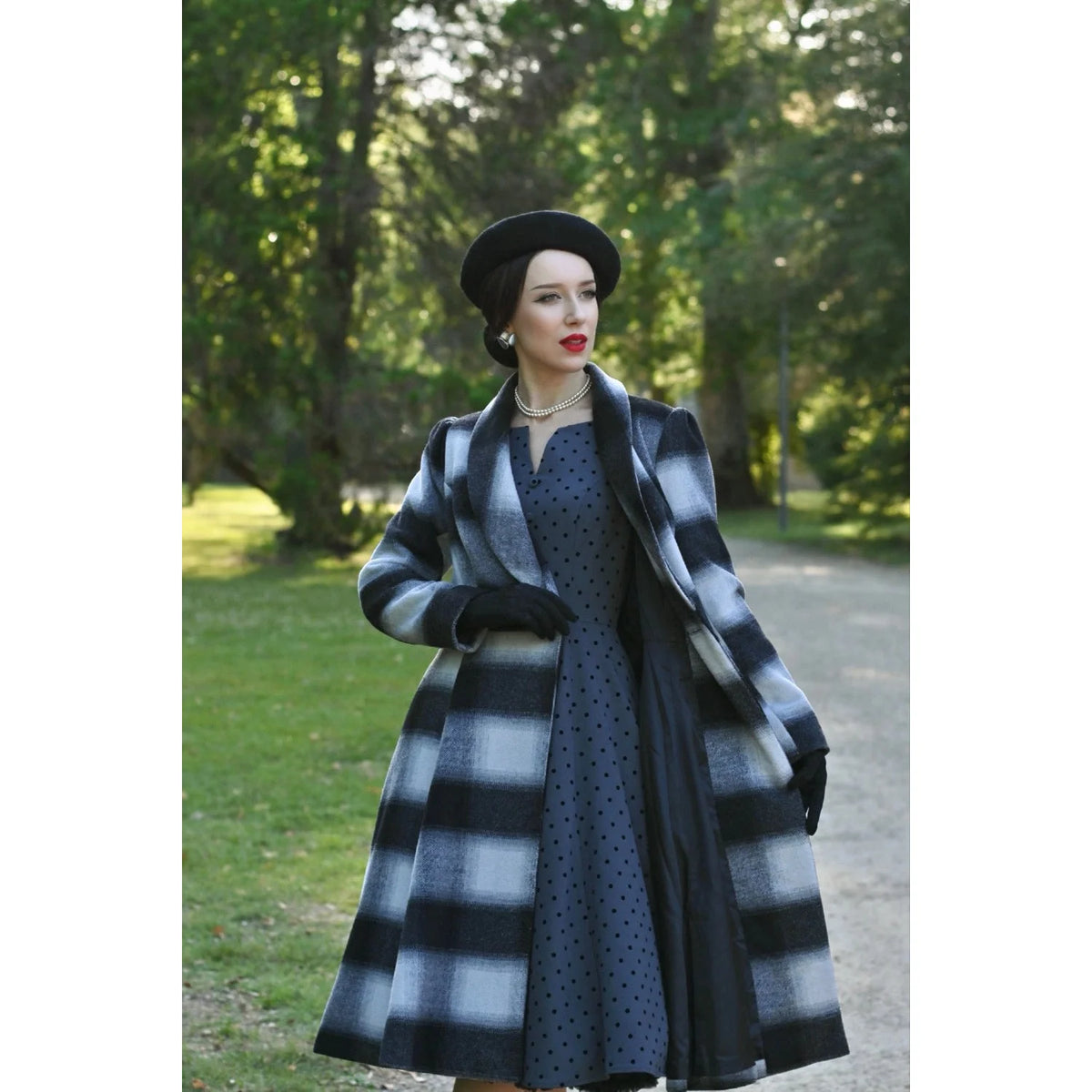 1950s Vintage Style Grey Check Wool Blend Swing Coat