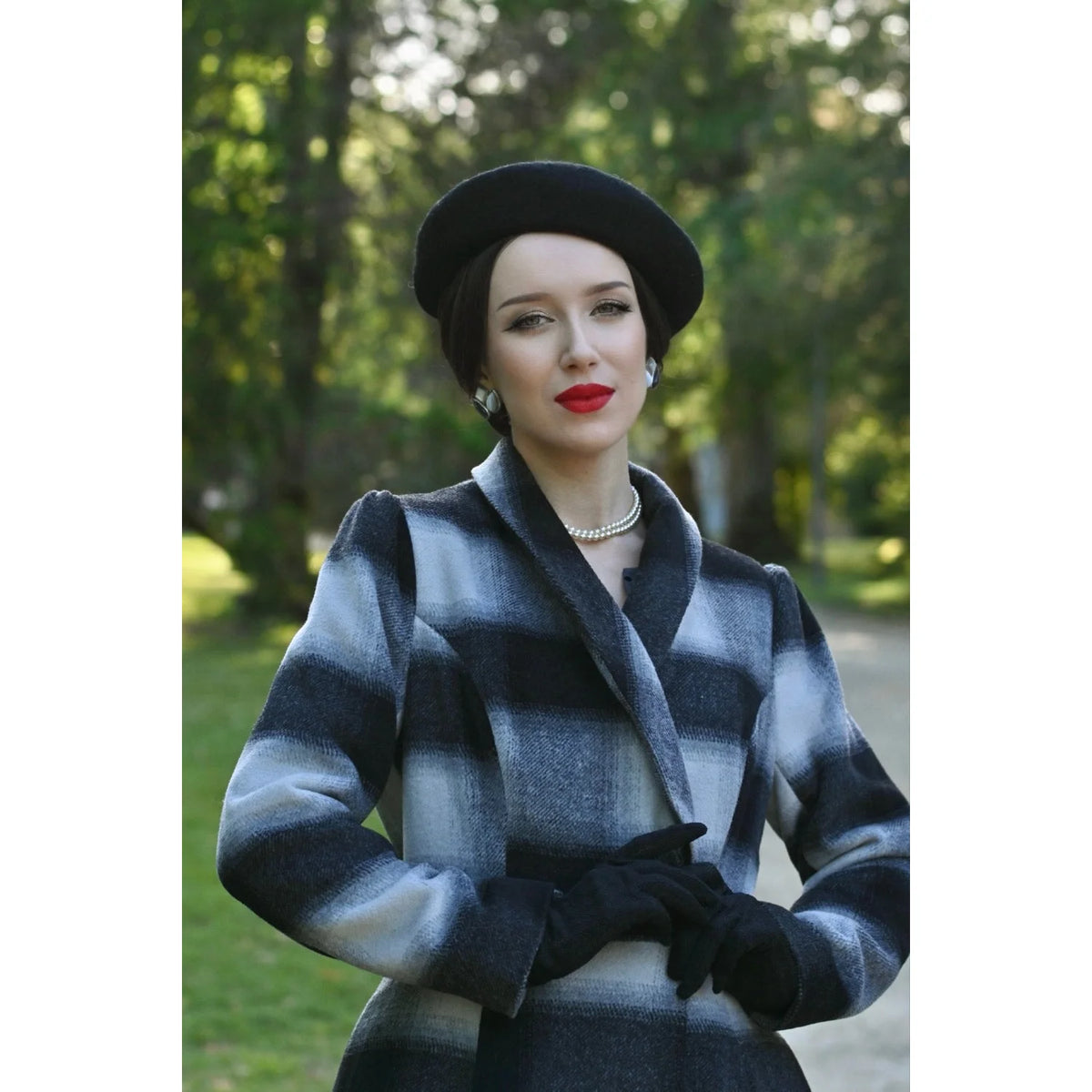 1950s Vintage Style Grey Check Wool Blend Swing Coat