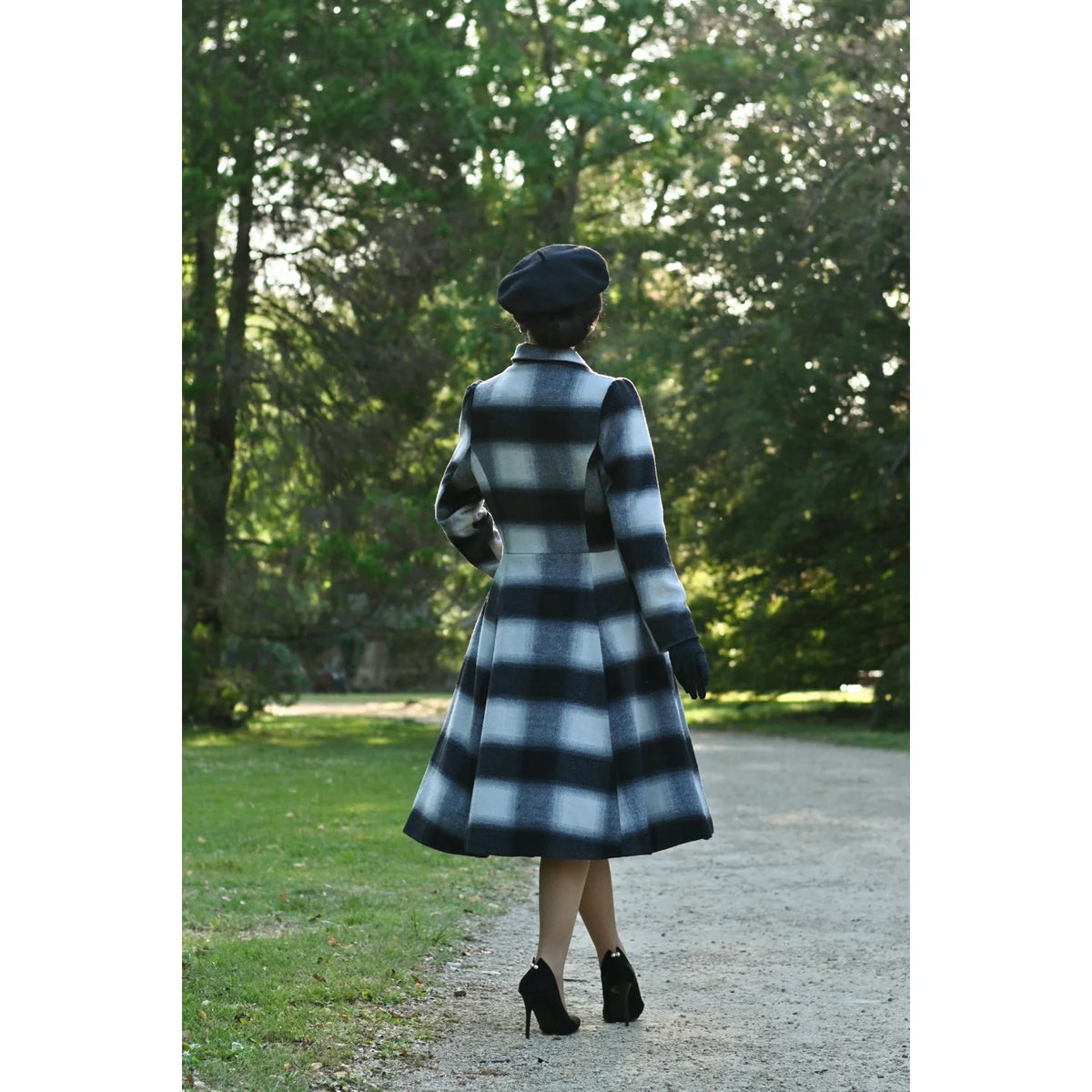 1950s Vintage Style Grey Check Wool Blend Swing Coat