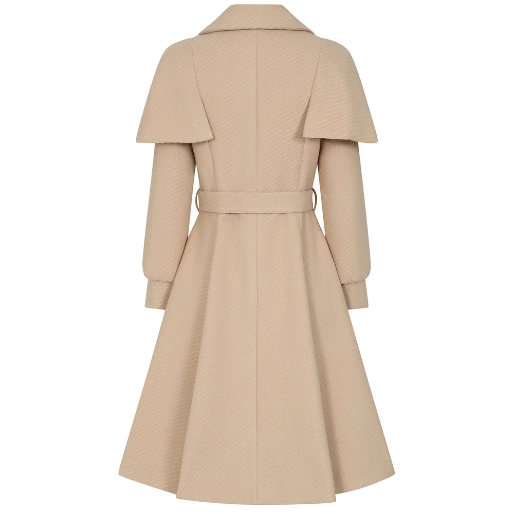 1940s Vintage Style Beige Belted Cape Swing Coat.