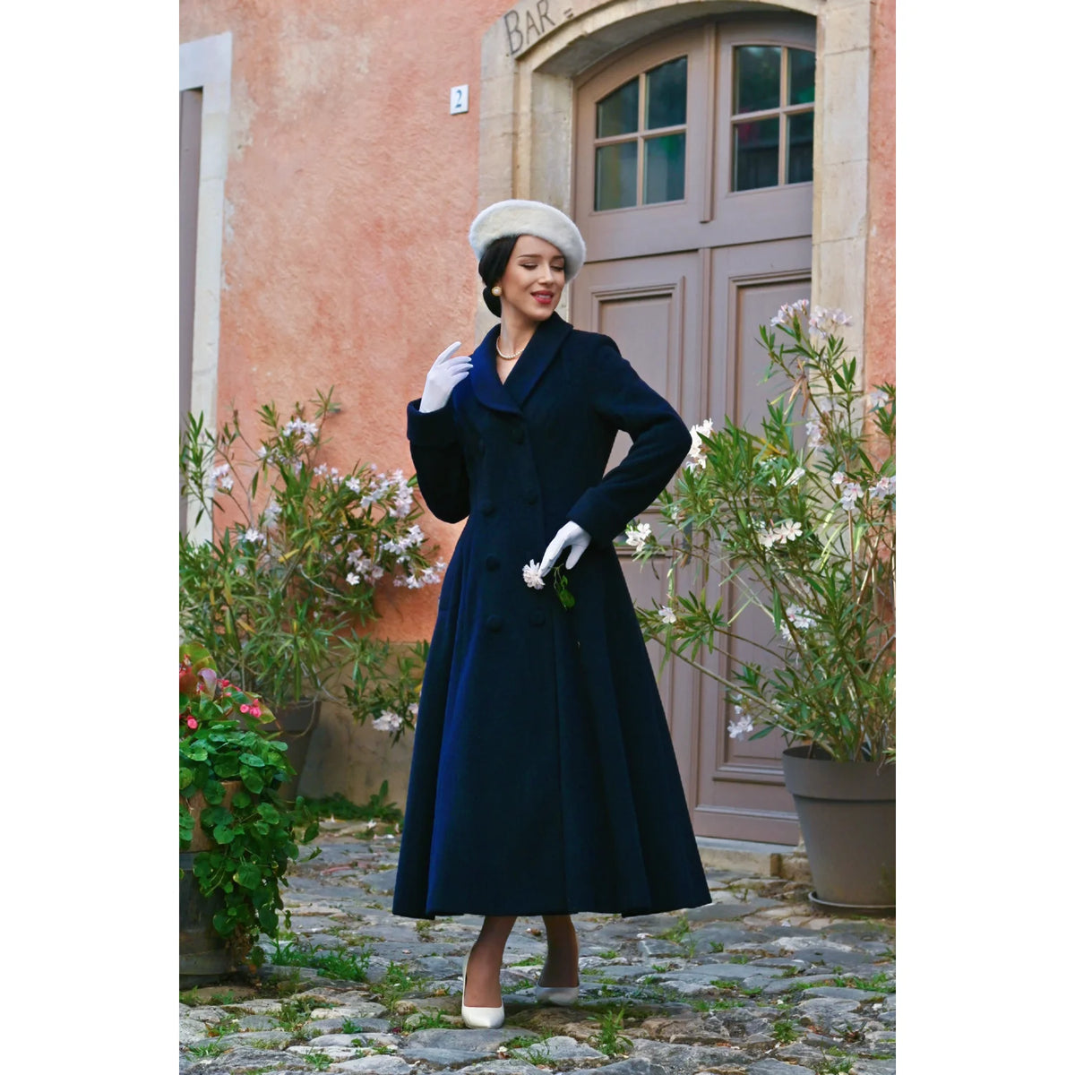 1950s Vintage Style Navy Swing Shawl Collar Double Breasted Long Lined Coat