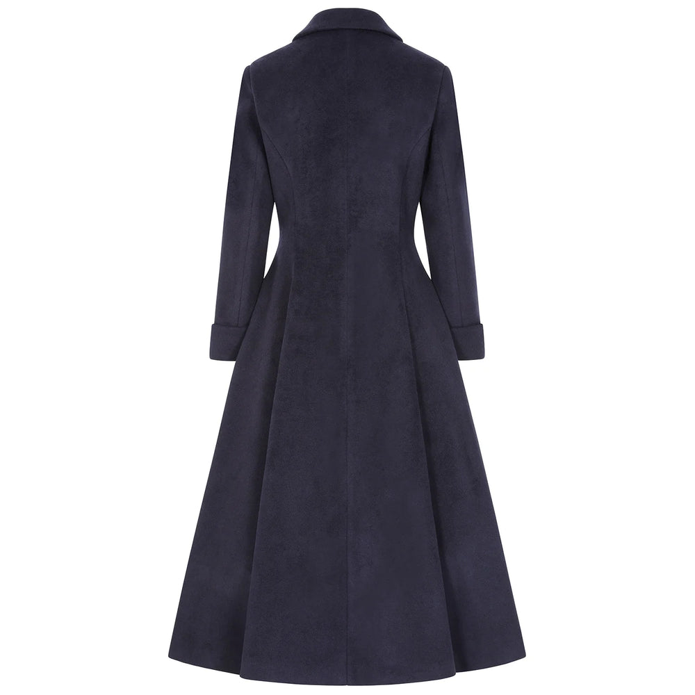 1950s Vintage Style Navy Swing Shawl Collar Double Breasted Long Lined Coat