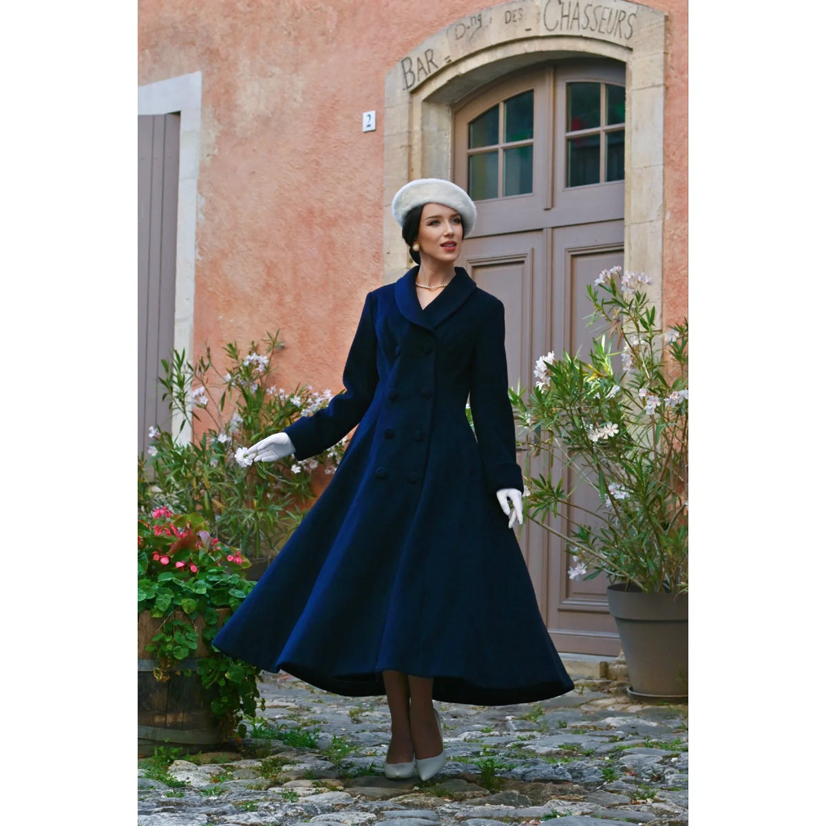 1950s Vintage Style Navy Swing Shawl Collar Double Breasted Long Lined Coat