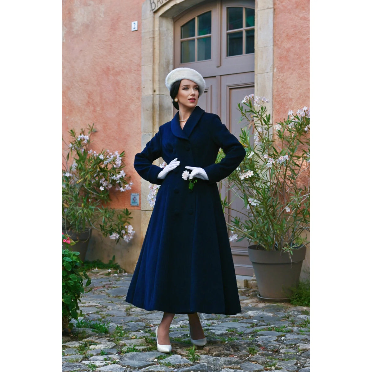 1950s Vintage Style Navy Swing Shawl Collar Double Breasted Long Lined Coat