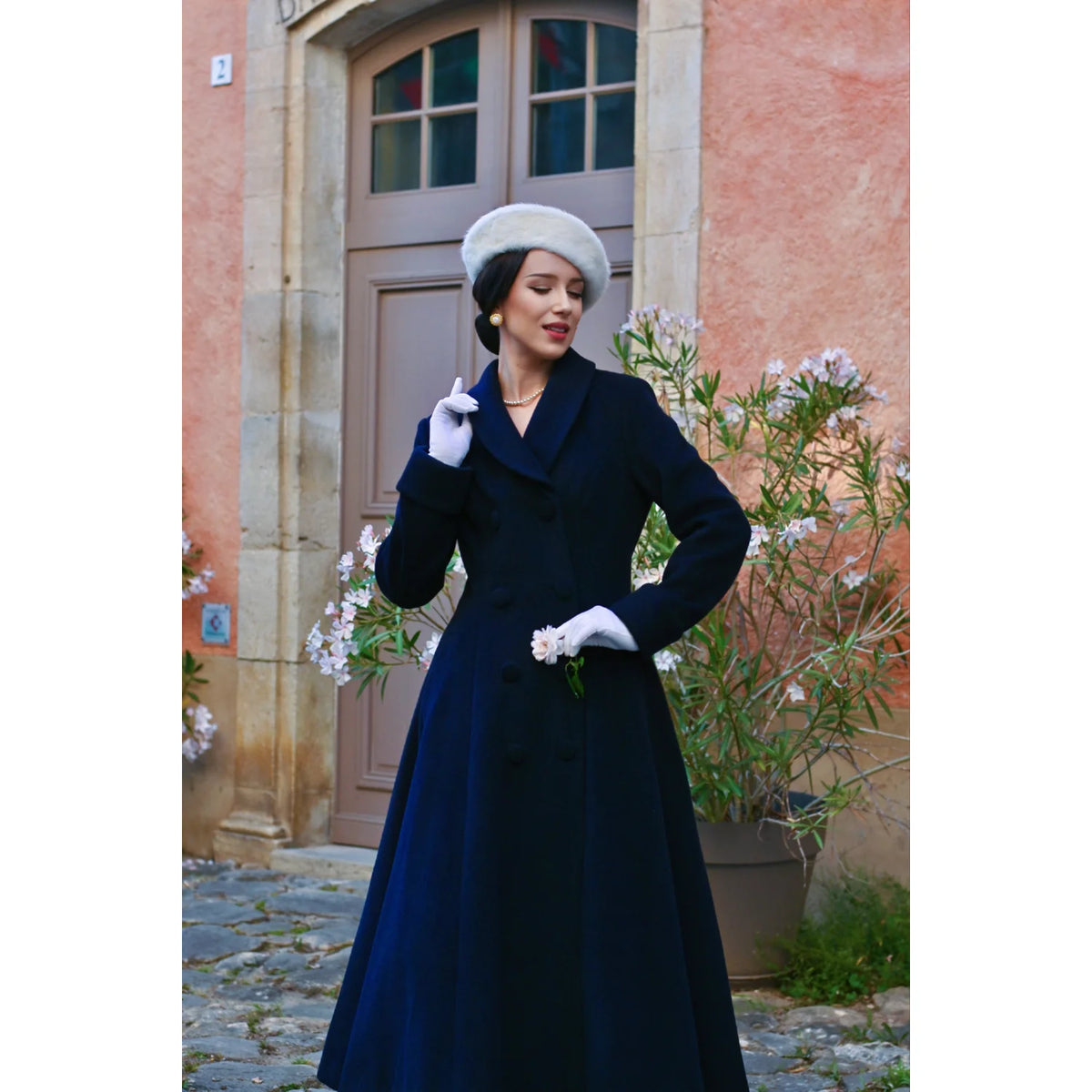 1950s Vintage Style Navy Swing Shawl Collar Double Breasted Long Lined Coat