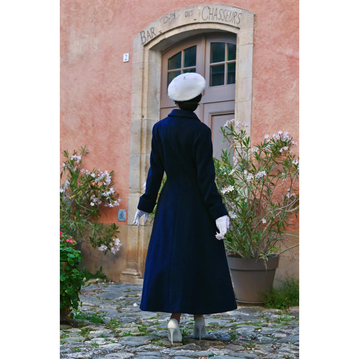 1950s Vintage Style Navy Swing Shawl Collar Double Breasted Long Lined Coat