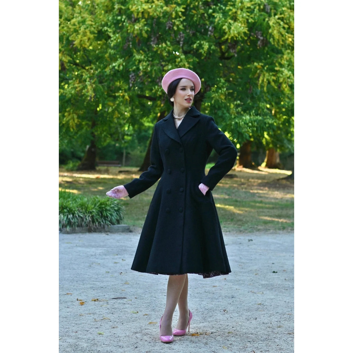 1950s Vintage Style Black Double Breasted Swing Coat
