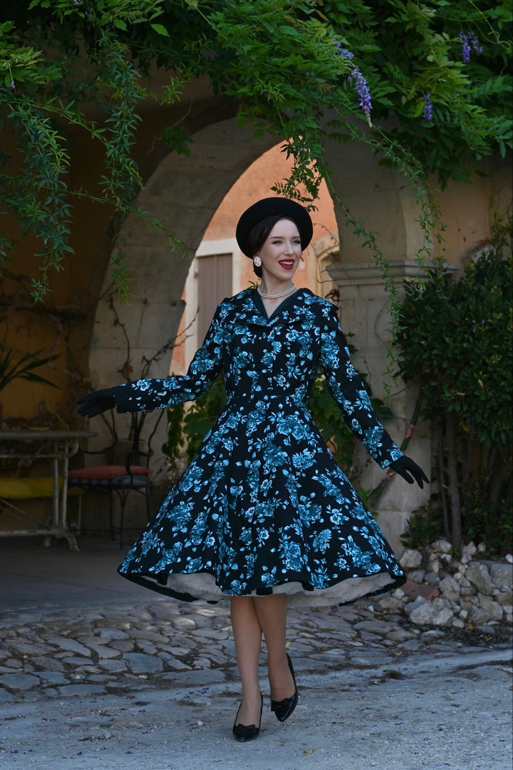 1950s Style Black Teal Floral Hooded Swing Coat