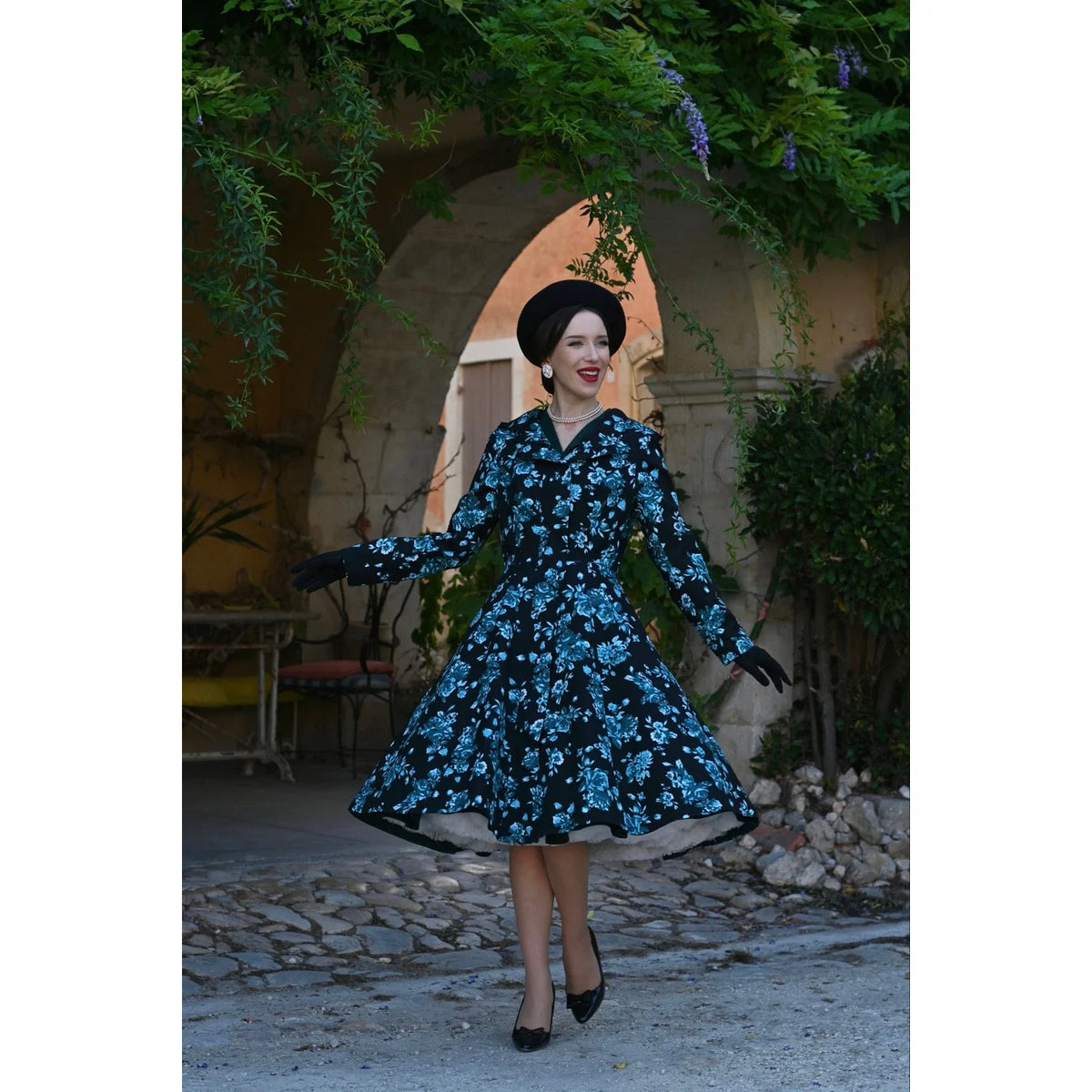 1950s Style Black Teal Floral Hooded Swing Coat