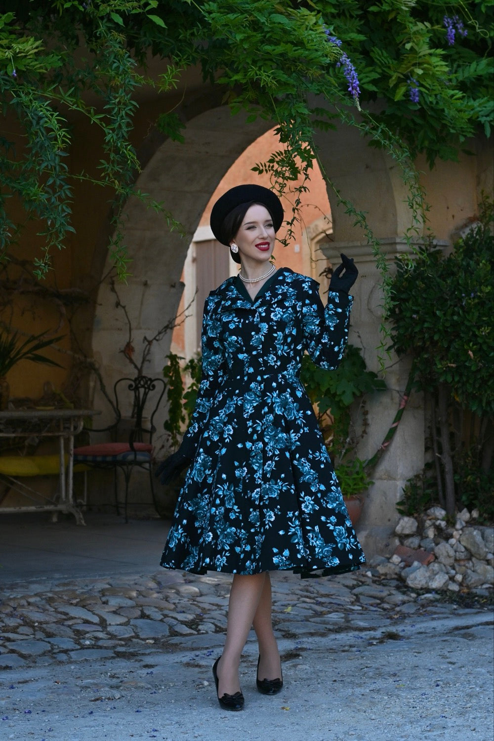 1950s Style Black Teal Floral Hooded Swing Coat