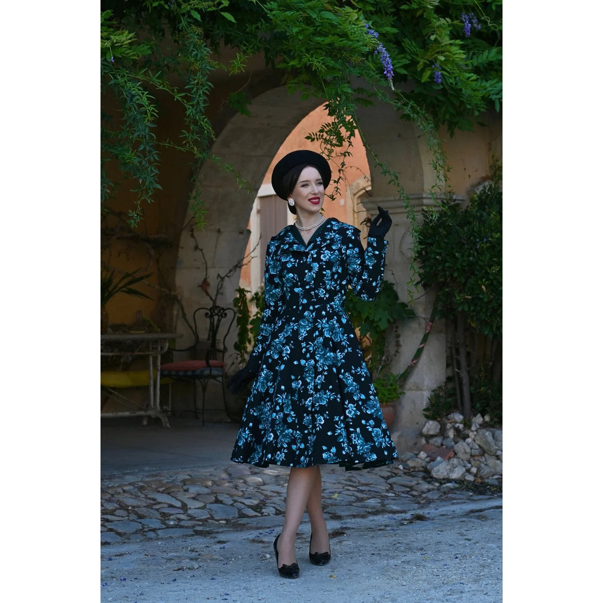 1950s Style Black Teal Floral Hooded Swing Coat