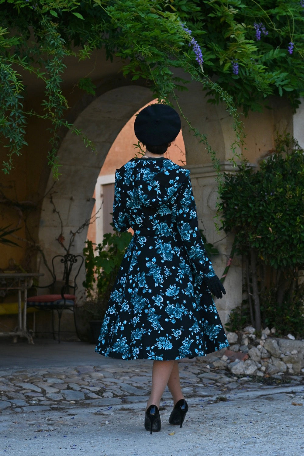 1950s Style Black Teal Floral Hooded Swing Coat