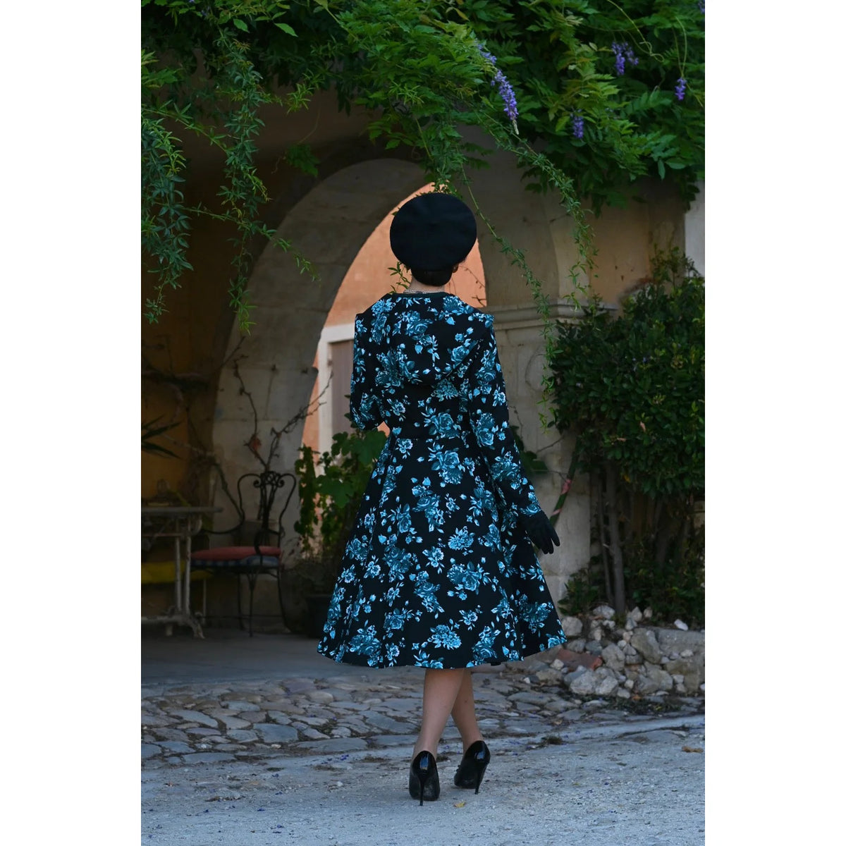 1950s Style Black Teal Floral Hooded Swing Coat