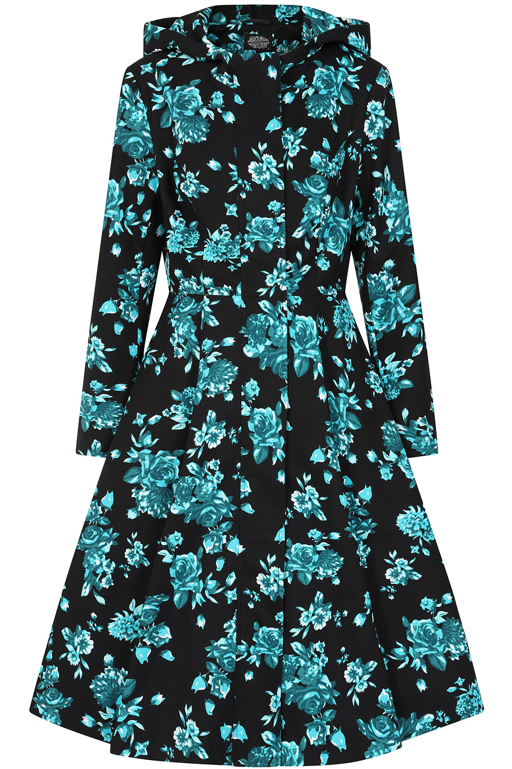 1950s Style Black Teal Floral Hooded Swing Coat