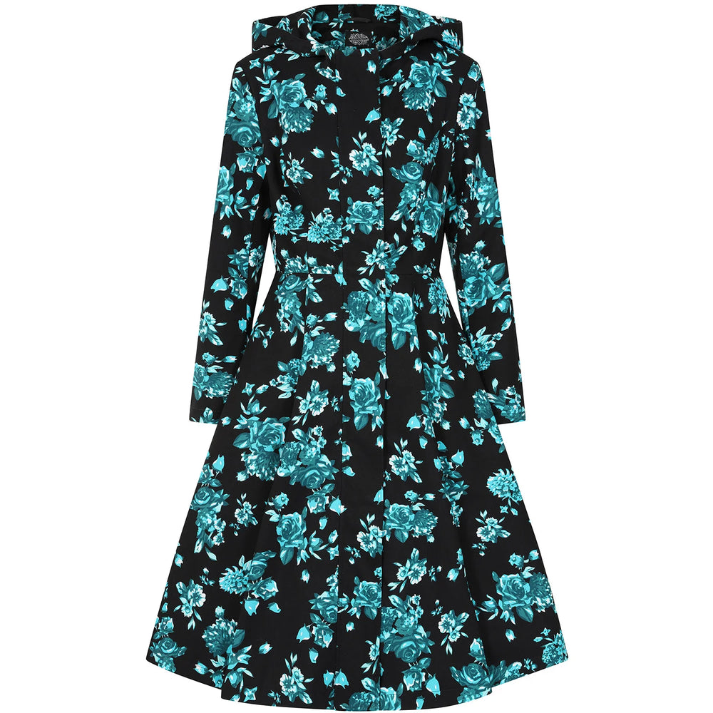 1950s Style Black Teal Floral Hooded Swing Coat