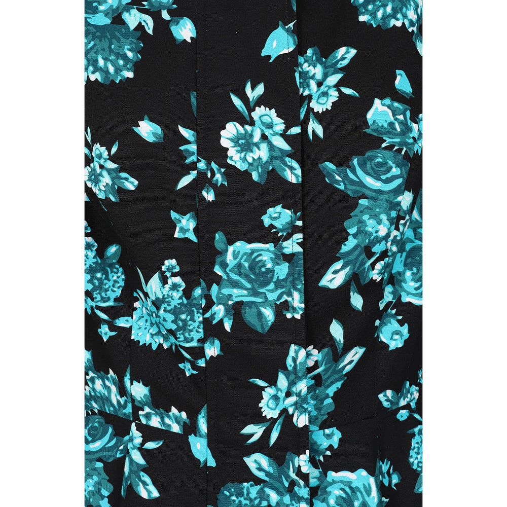 1950s Style Black Teal Floral Hooded Swing Coat