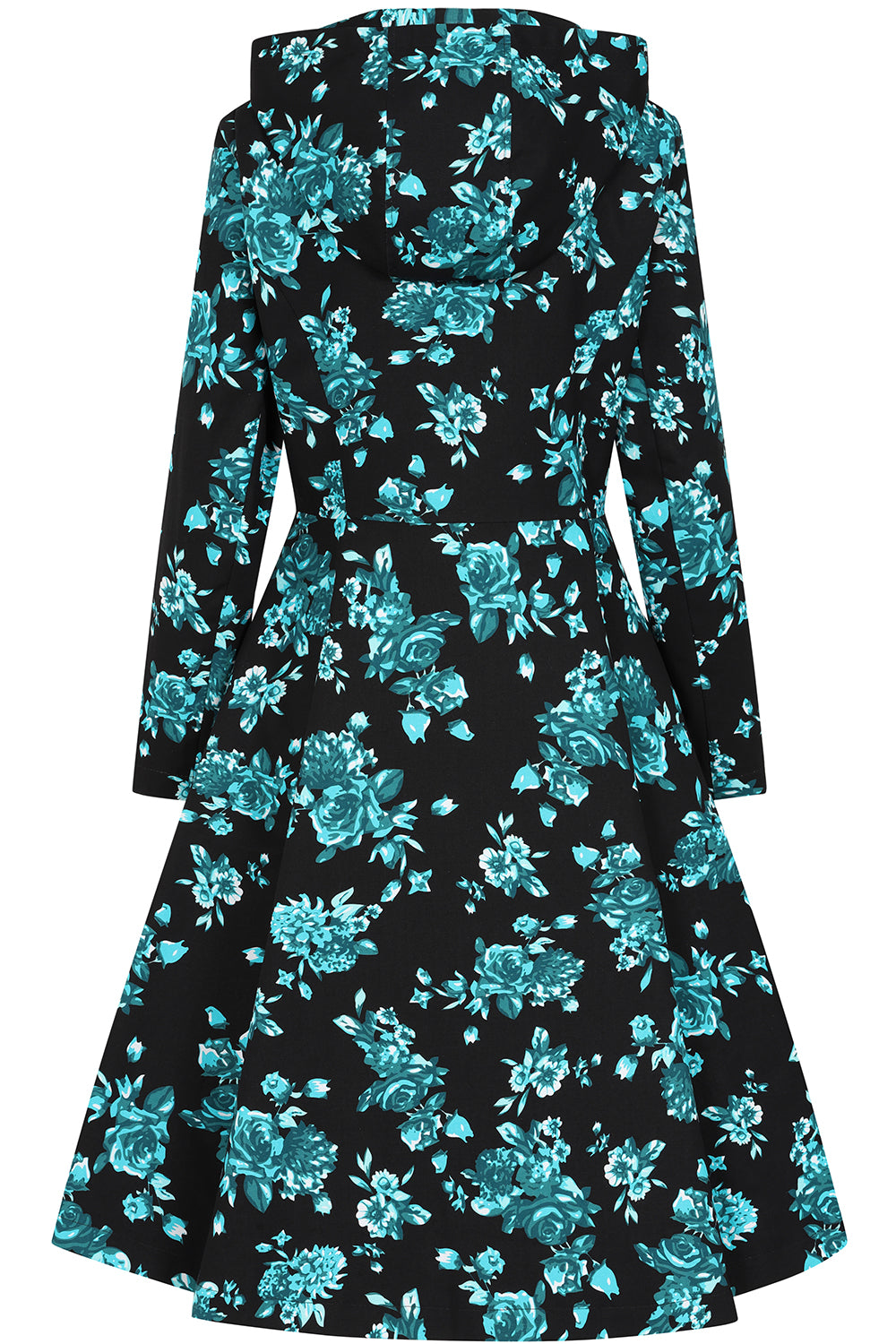 1950s Style Black Teal Floral Hooded Swing Coat