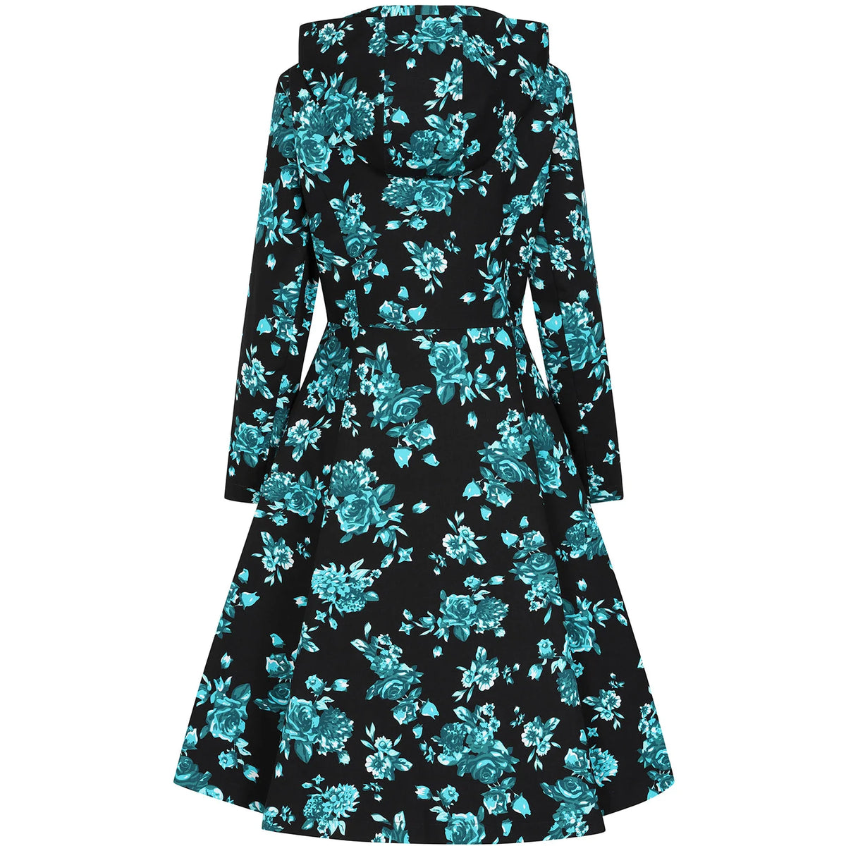 1950s Style Black Teal Floral Hooded Swing Coat