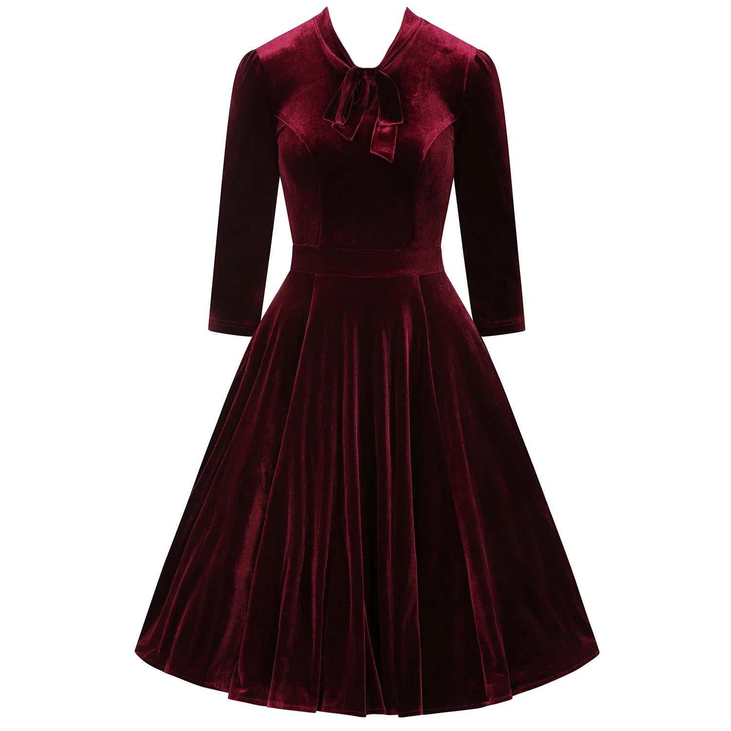 Claret Burgundy Velvet 3/4 Sleeve Swing Dress