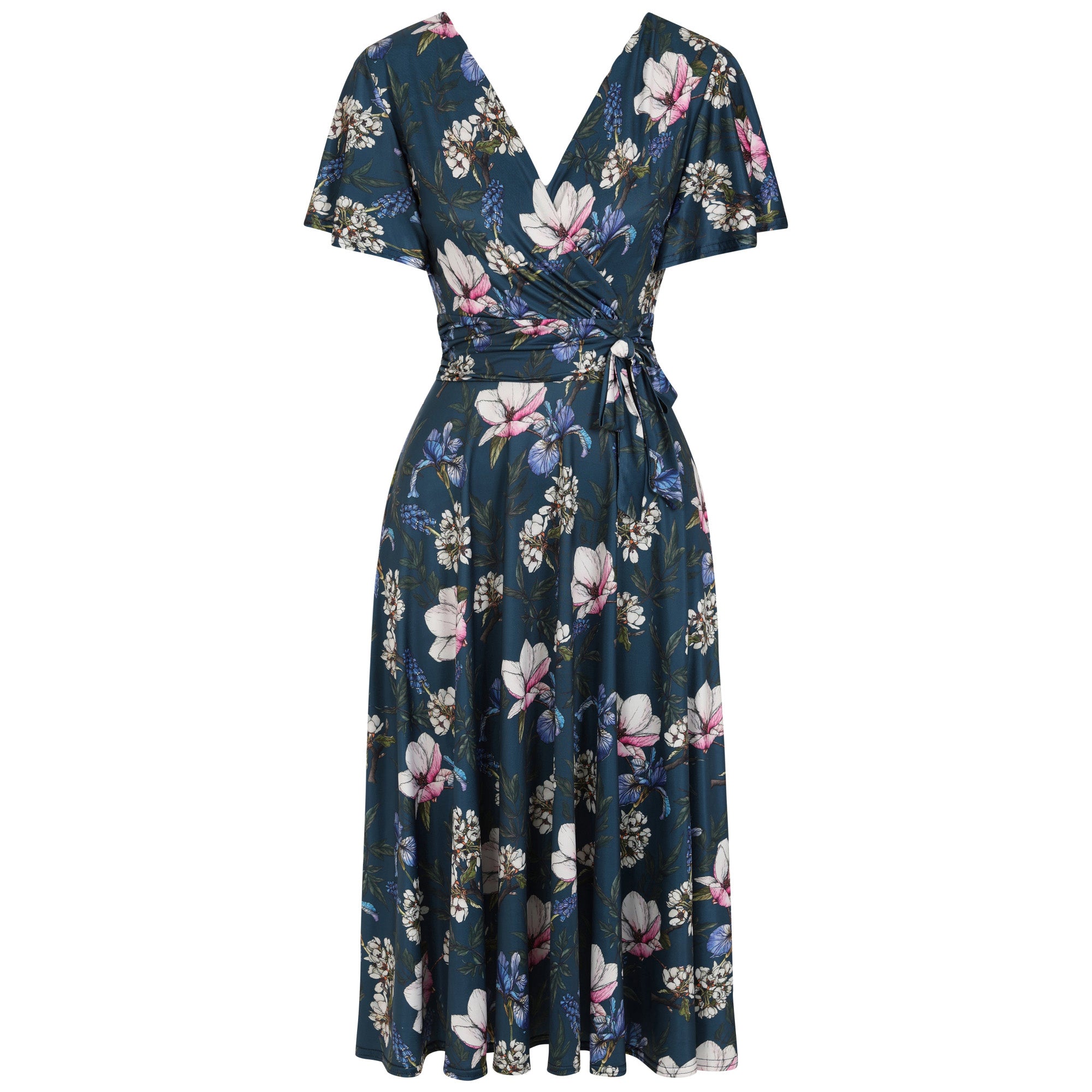 Navy Blue Floral Print Cap Sleeve V Neck Wrap Top Swing Dress