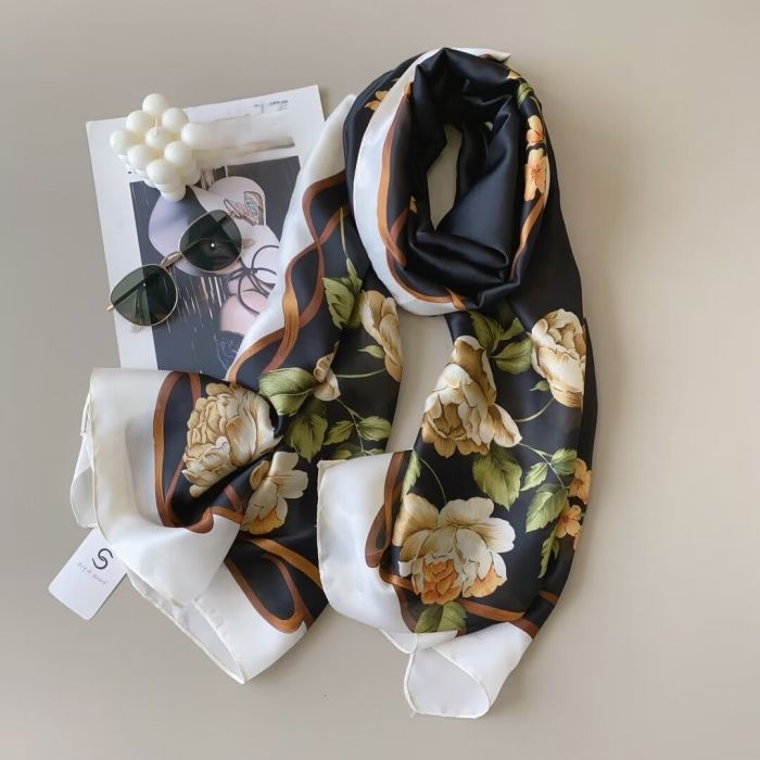 Black Floral Satin Scarf