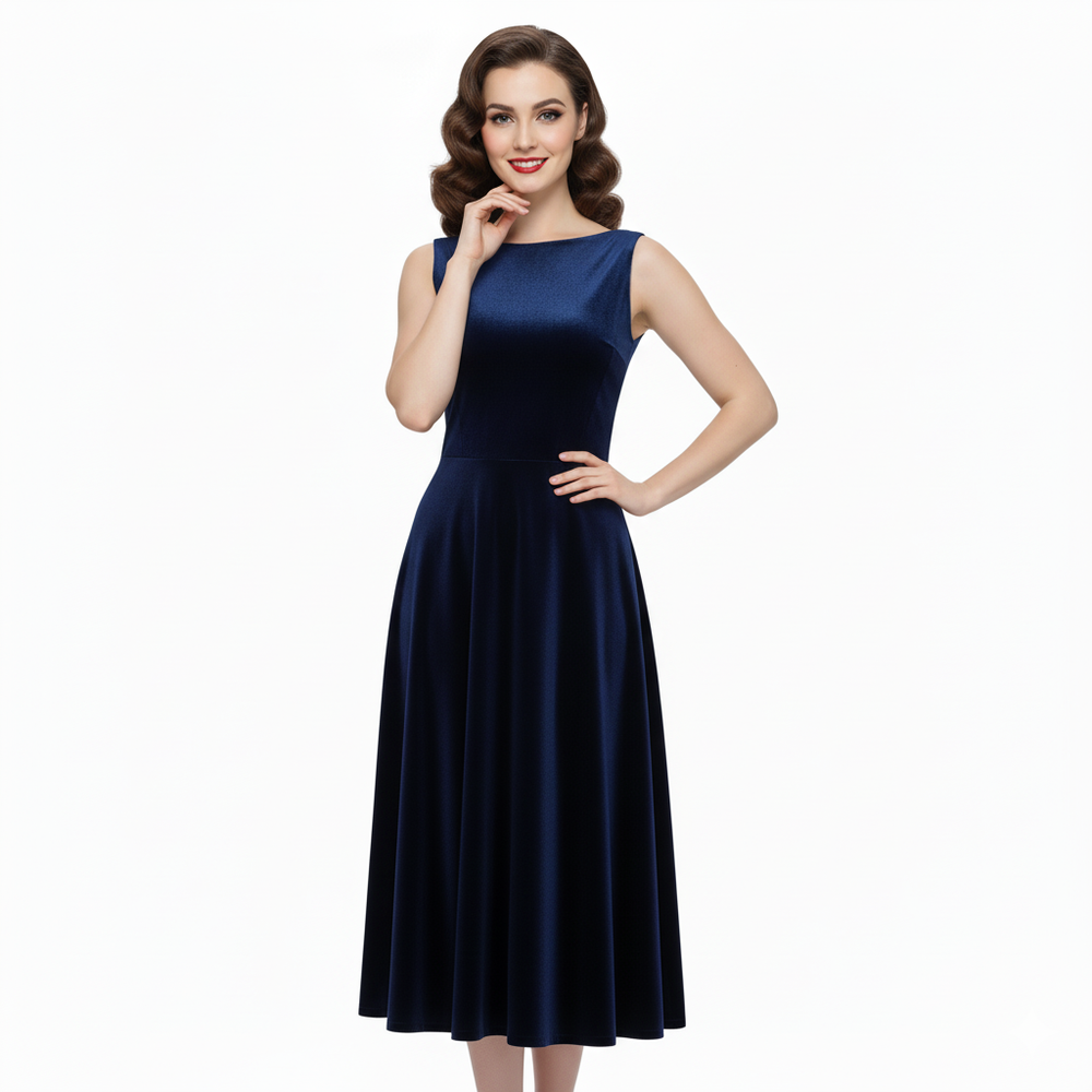 Navy Blue Velour Audrey Style 50s Swing Dress