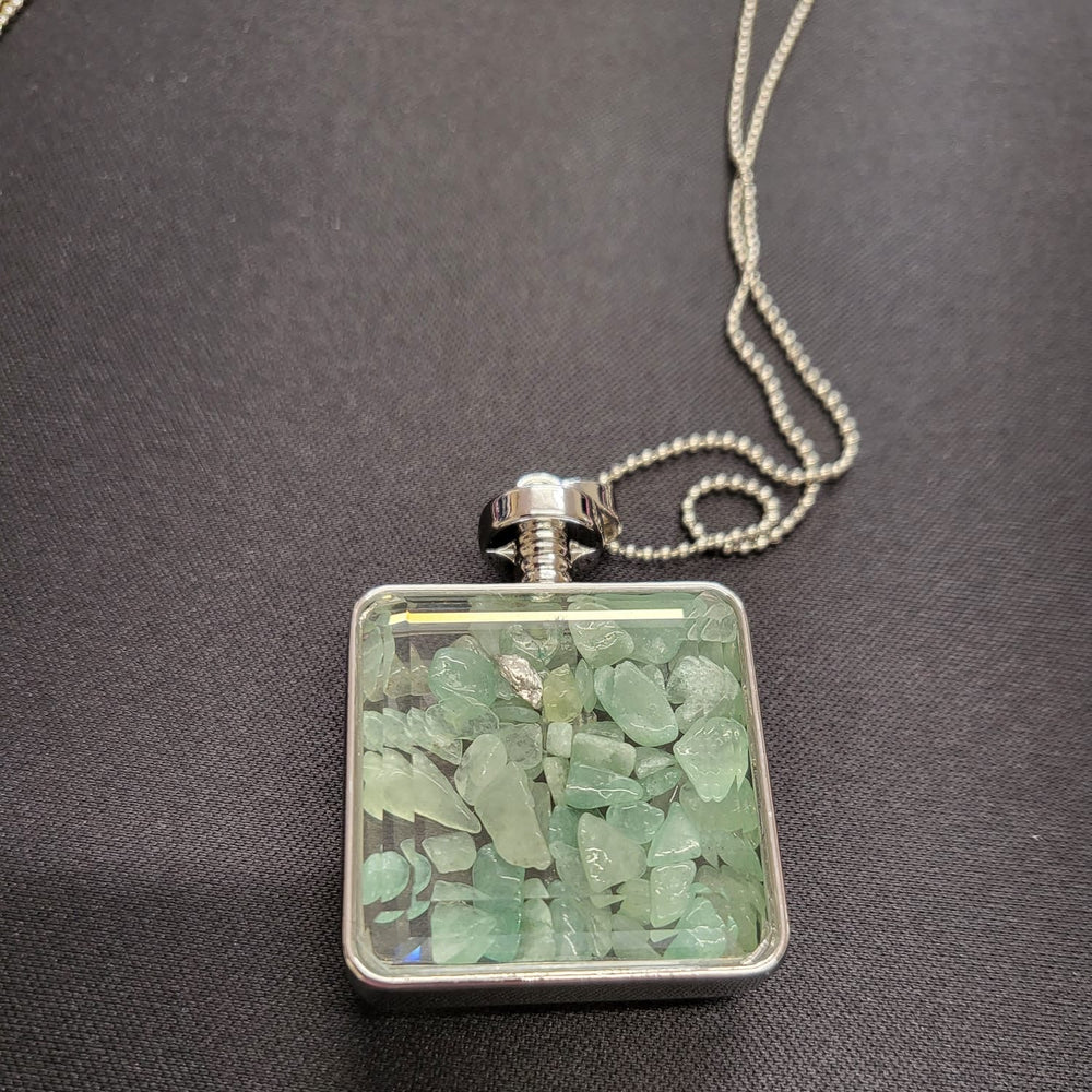 Silver Green Stone Glass Crystal Pendant Necklace