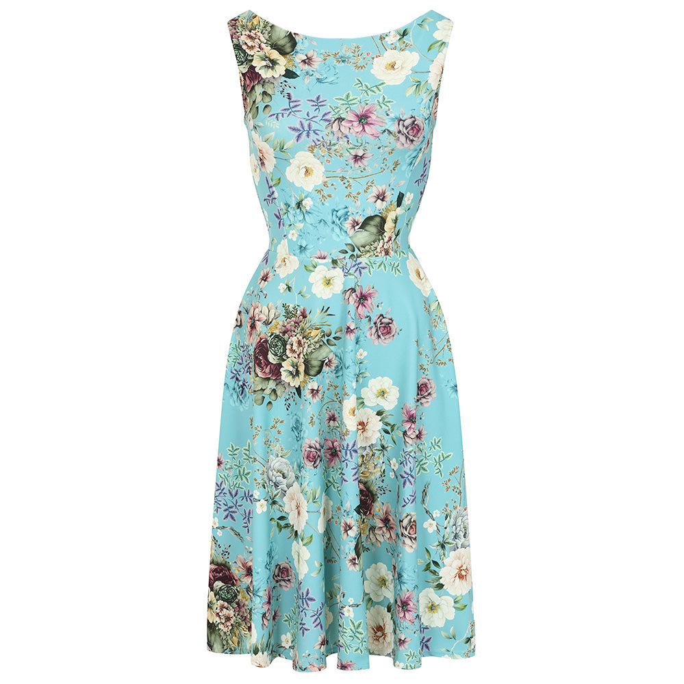 Blue Floral Audrey Hepburn Style Sleeveless 50s Swing Dress With Boat Neckline