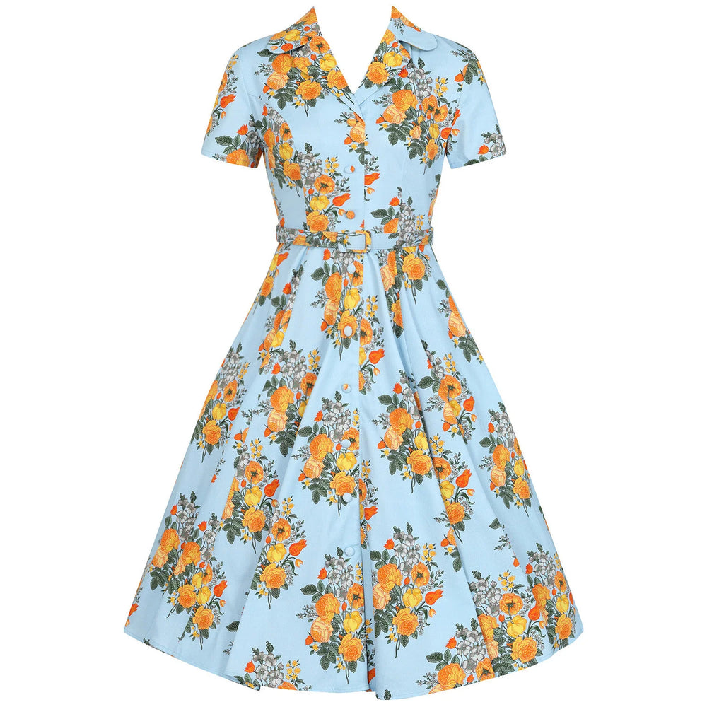 Sky Blue And Yellow Floral Print 50s Swing Tea Dress